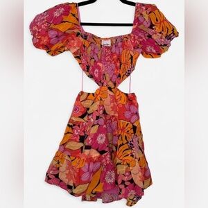 NWOT Sky to Moon Floral Cutout Mini Dress - Pink & Orange Puff Sleeve - Medium